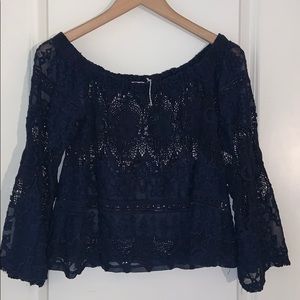GLAM Embroidered Flare Sleeve Blouse M Navy